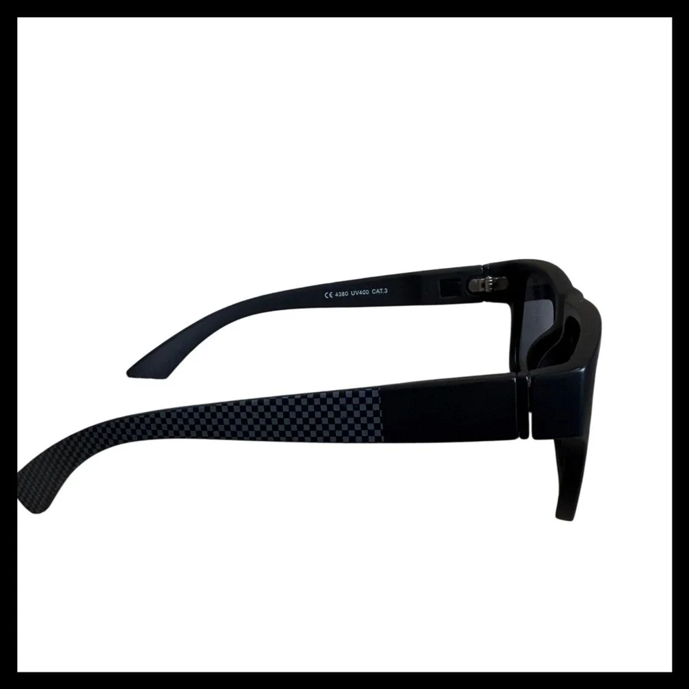 NWOT Matte Black Rectangular Sunglasses UV400 Checkered Arms Model 4380 CAT.3